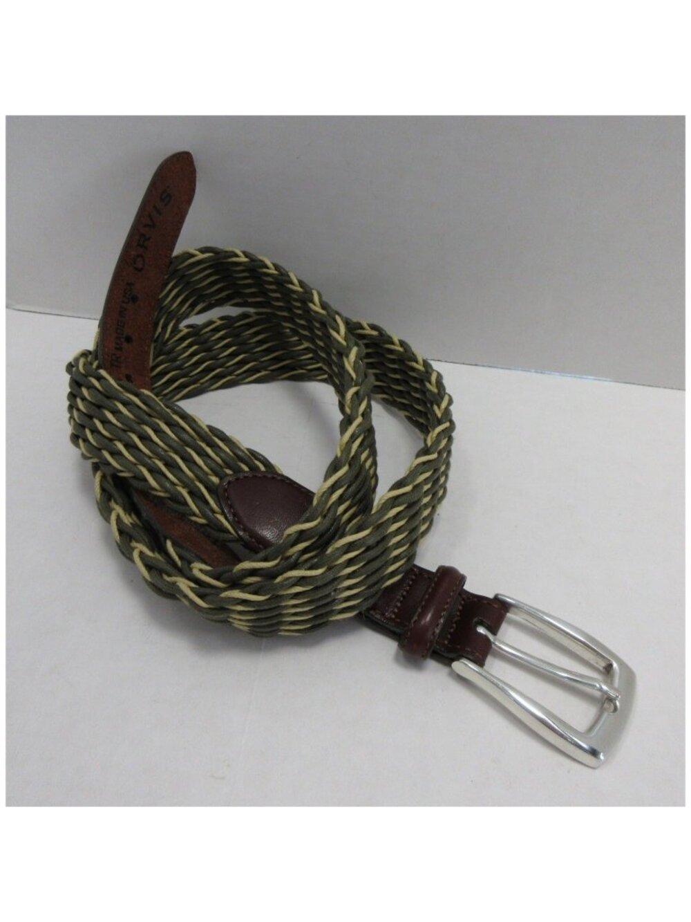 Orvis Belt 44 Olive Leather Braided Woven Silver Buckle Made In USA